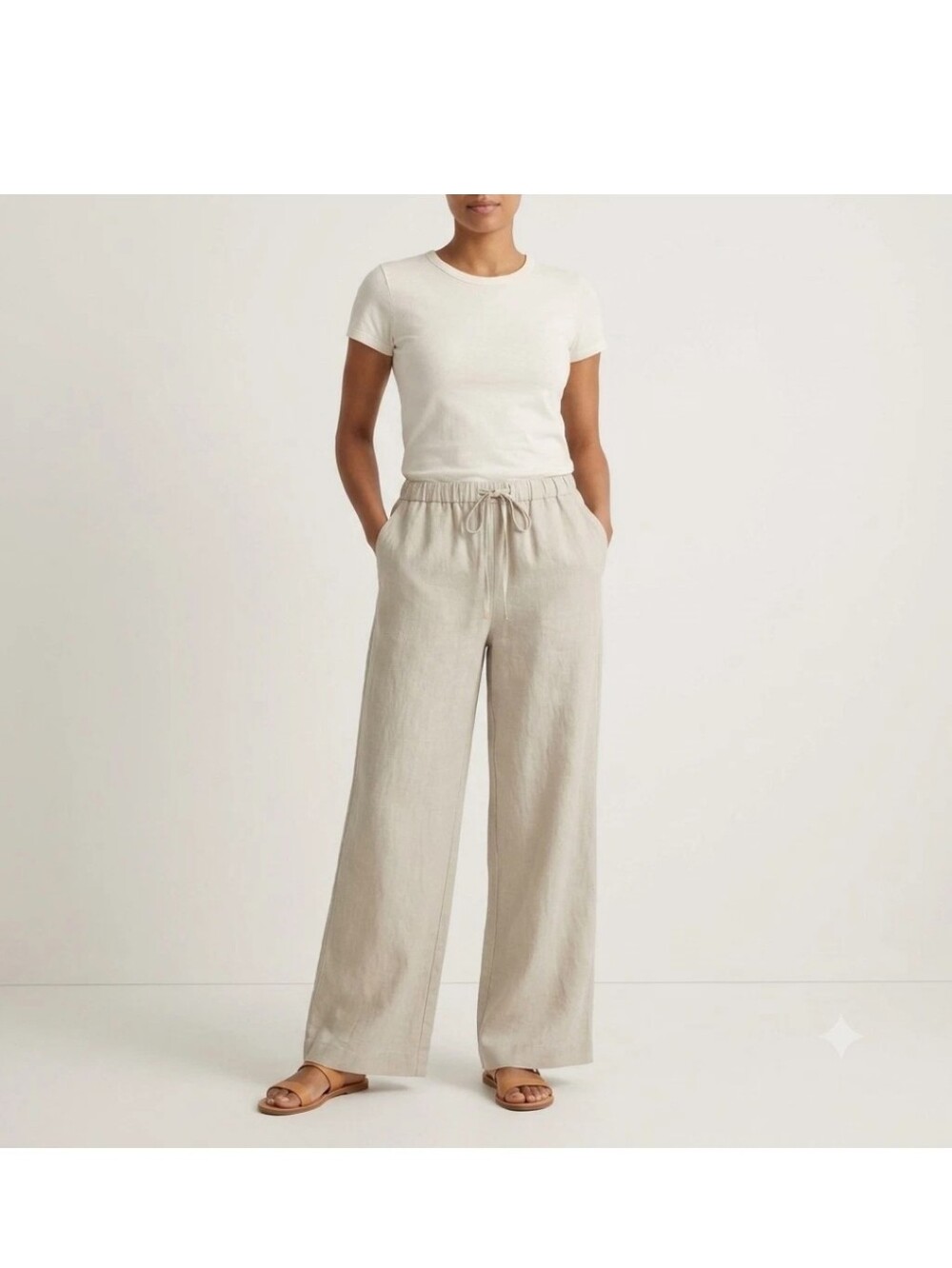 Ellen Tracy Wide Leg Drawstring Linen Pants Beige High Waist Comfort